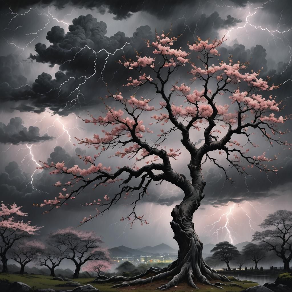 Sakura Tree in Storm: Charcoal and Pastel Illustration