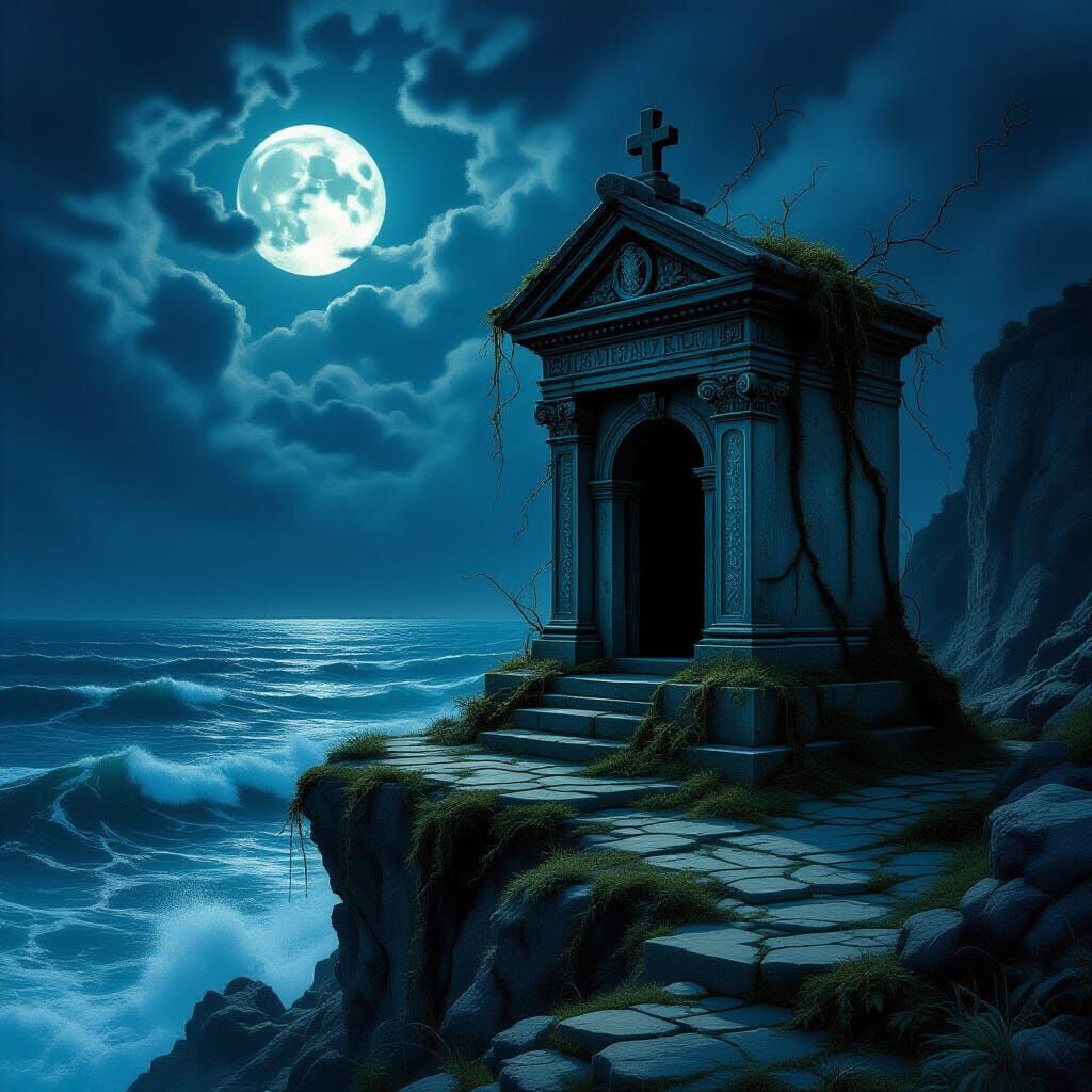 Gothic Shrine to Sea Deity on Moonlit Cliff