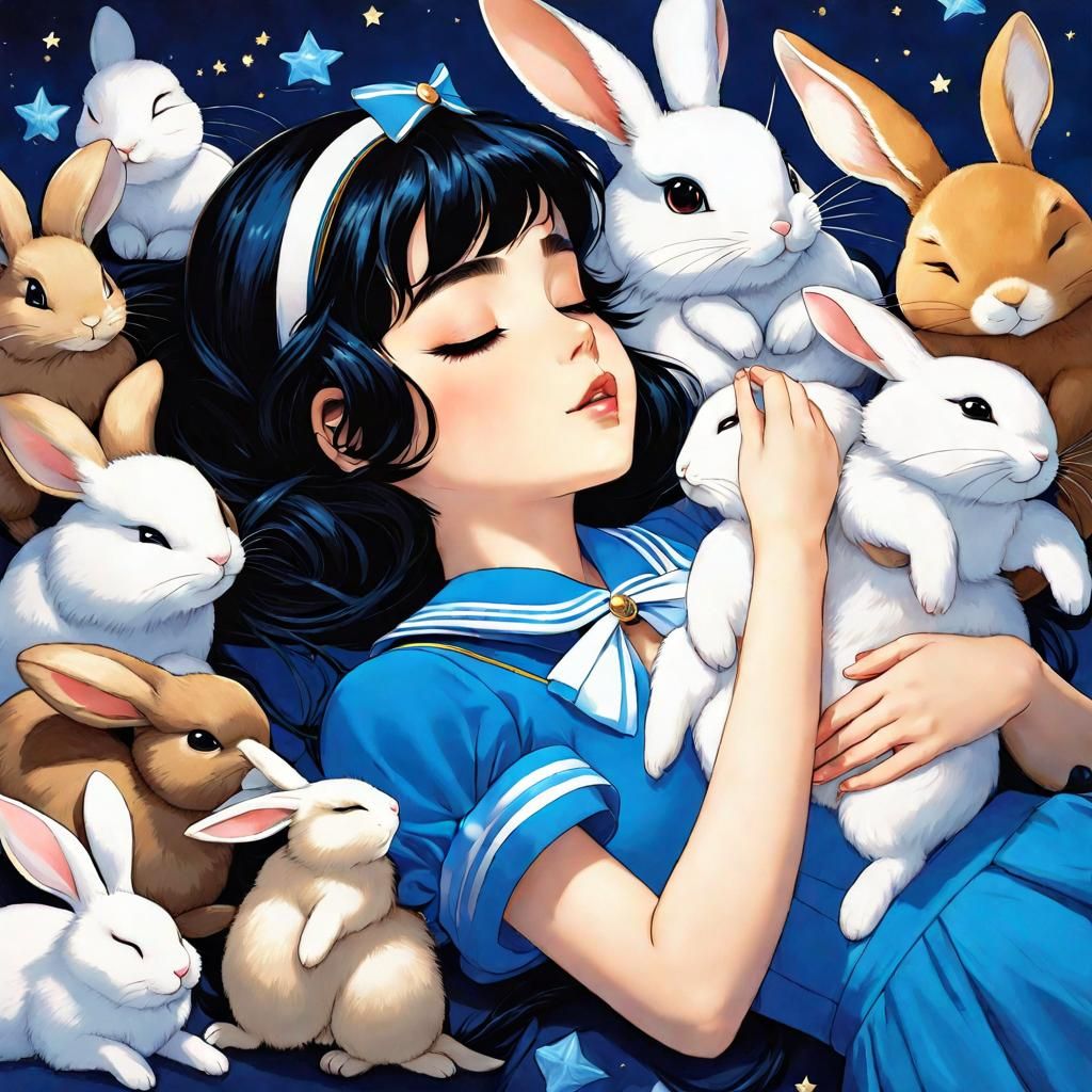 Sailor Mercury Moon Sleeping with Rabbits