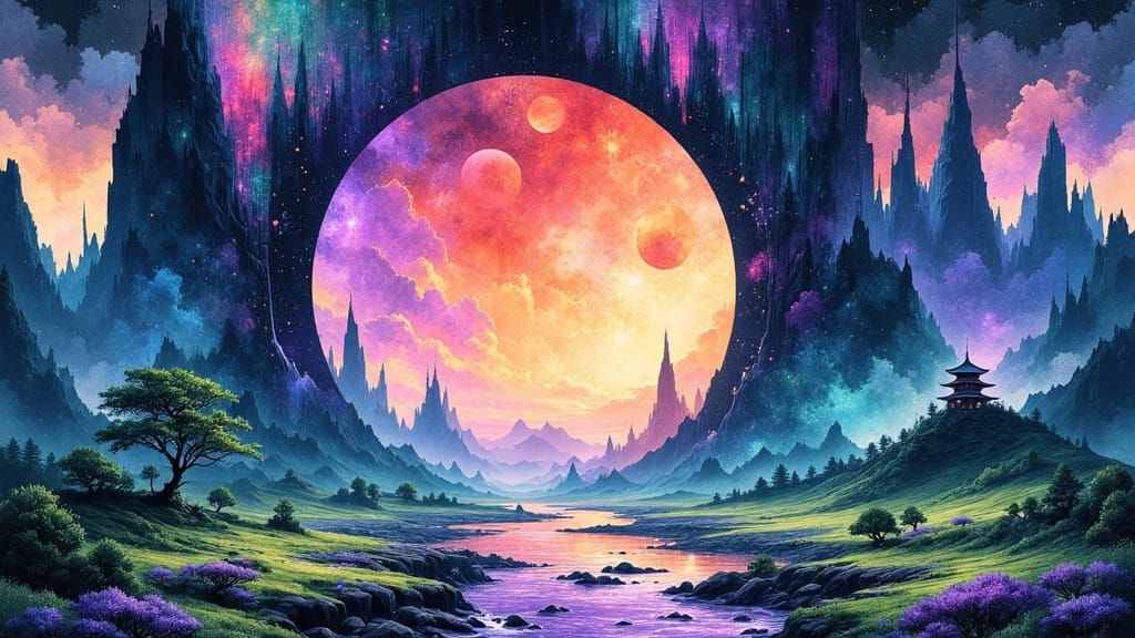 Magic Portal to Fantasy Landscape in Digital Illustration