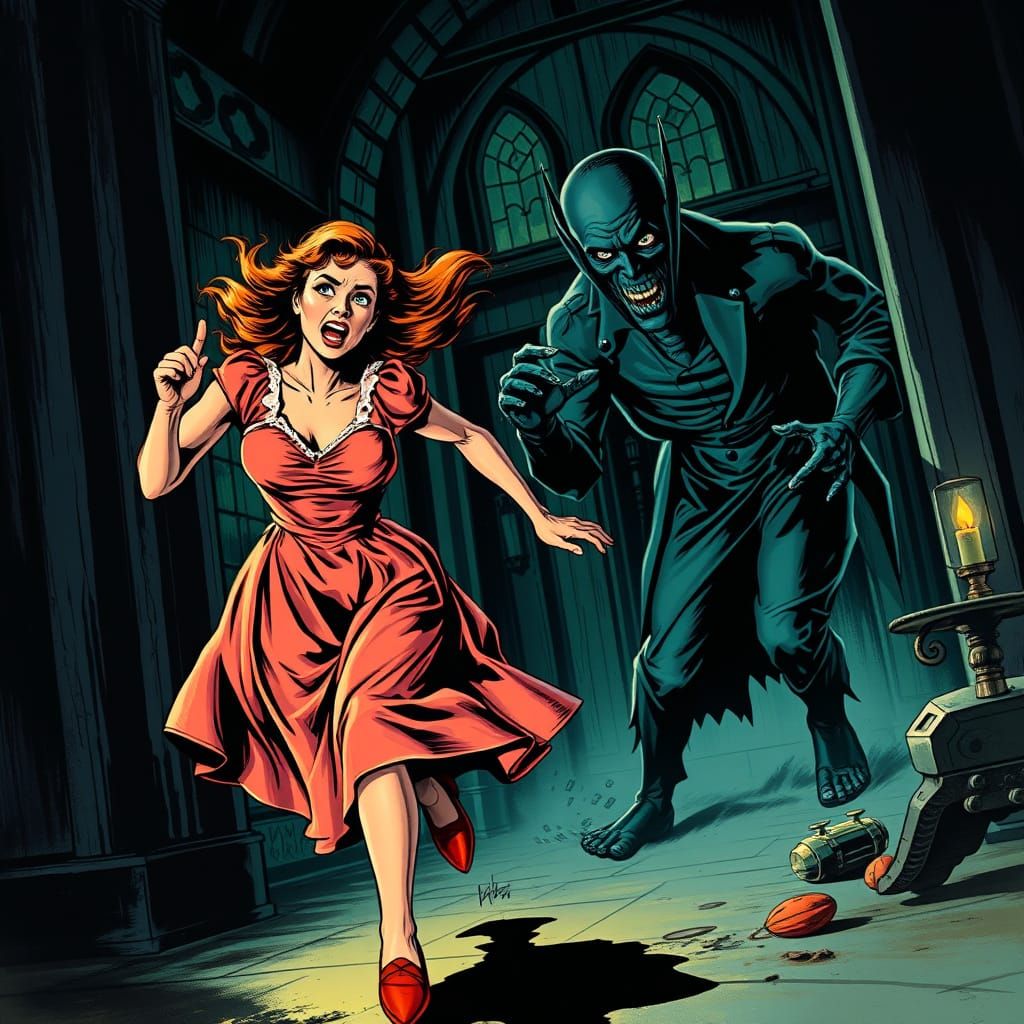 Terrified Woman Running From Supernatural Entity in EC Comic...