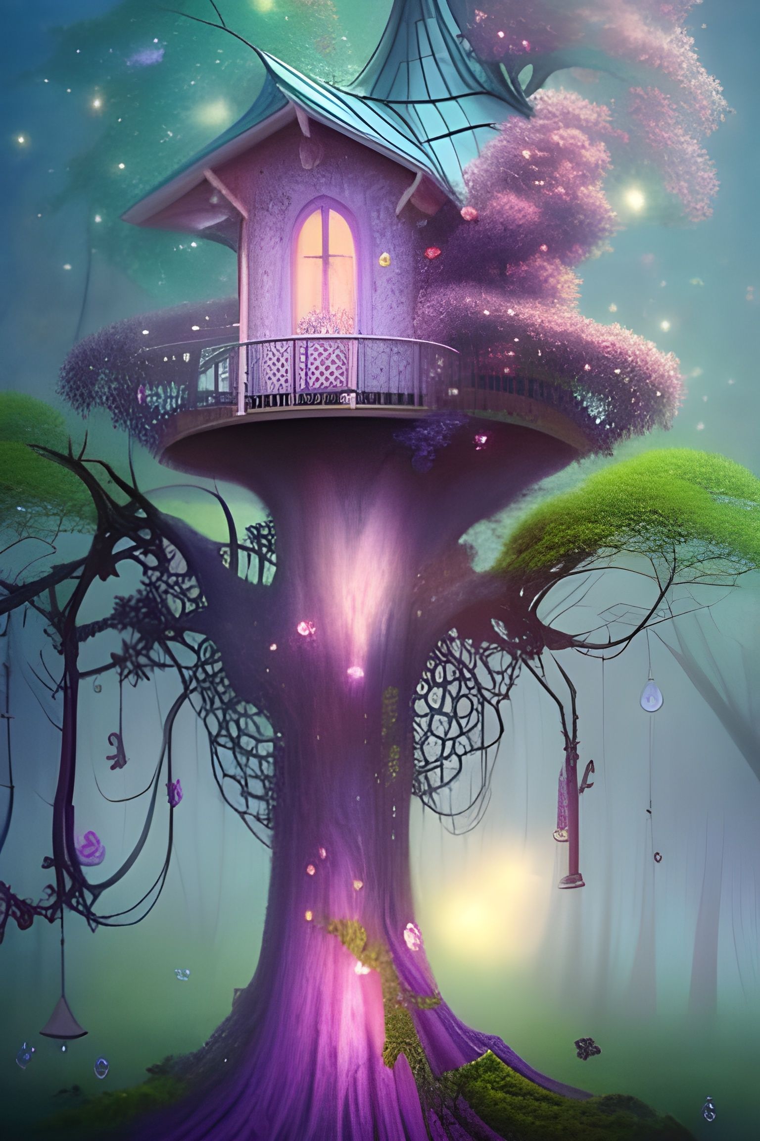 Whimsical Fairytale Treehouse with Luminous Sparkles