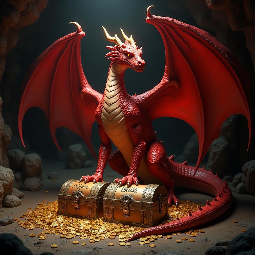 Majestic Red Dragon Hoard in Fantasy Cave
