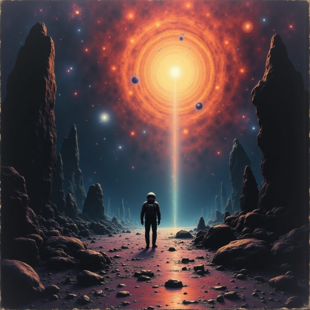 Astronaut Reaches for Crystalline Entity in Swirling Galaxy