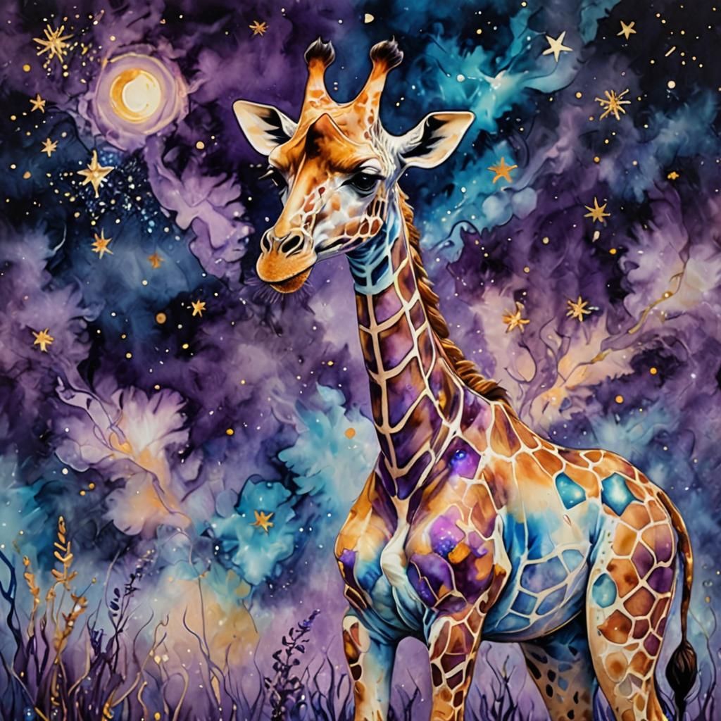 Whimsical Starlight Giraffe Abstract Art in Vibrant Fluid St...