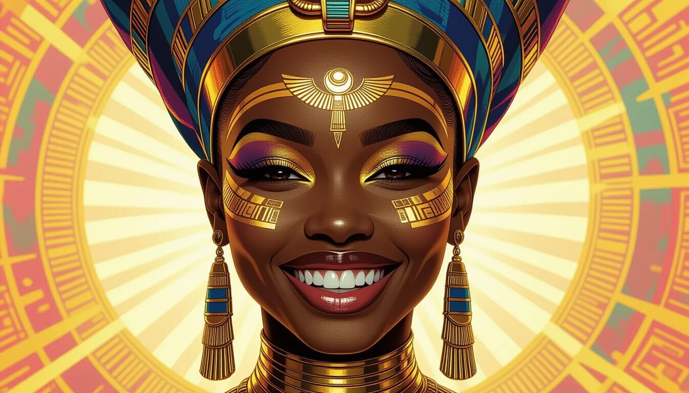 Radiant African Queen with Golden Hieroglyphic Makeup