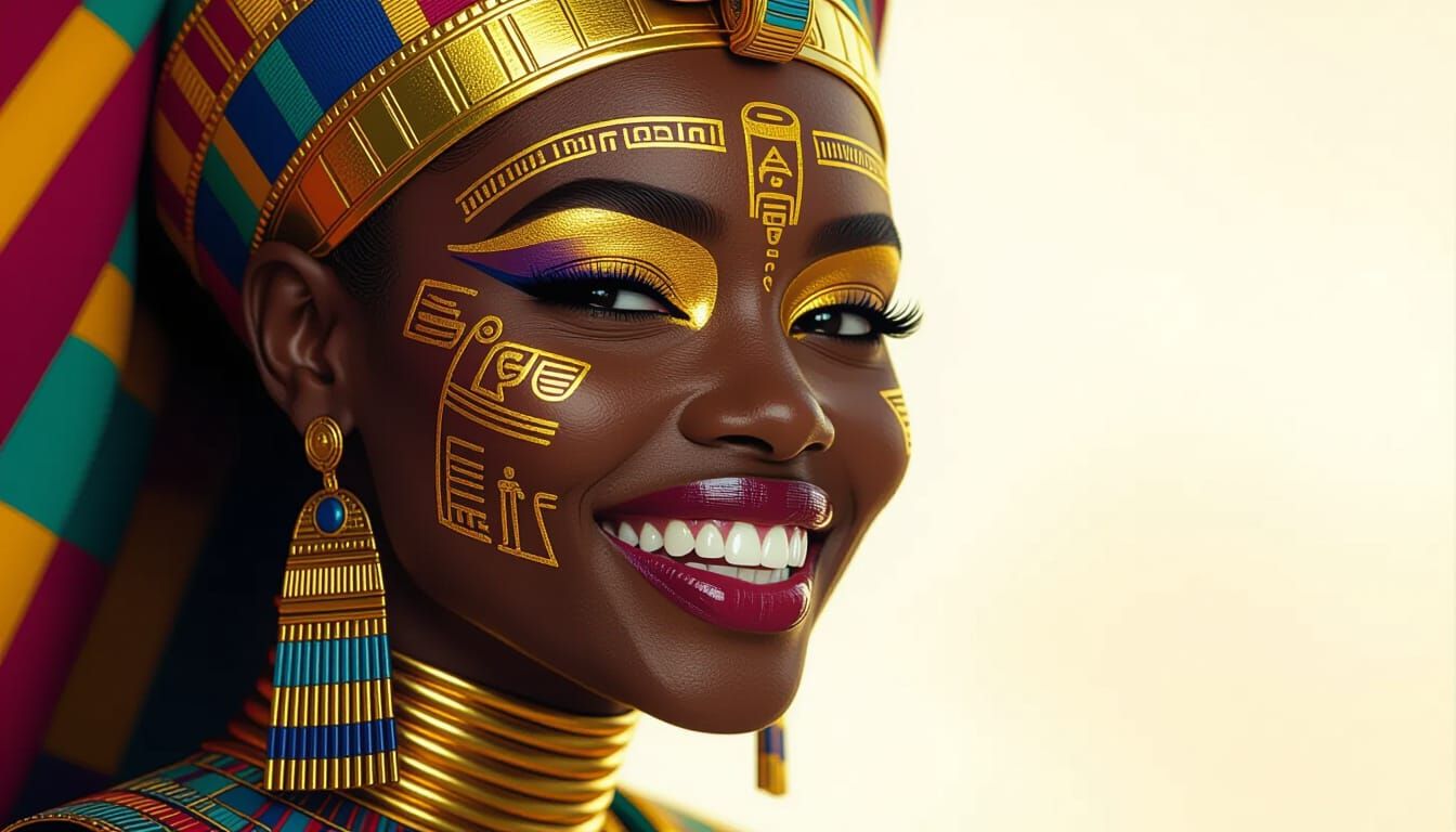 Radiant African Queen Portrait with Golden Hieroglyphs