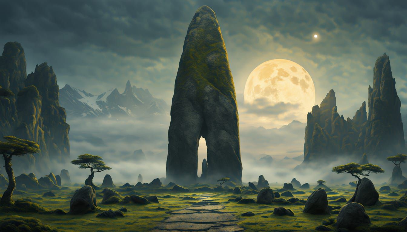 Alien Zen Garden With Massive Menhir Under Twilight Sky