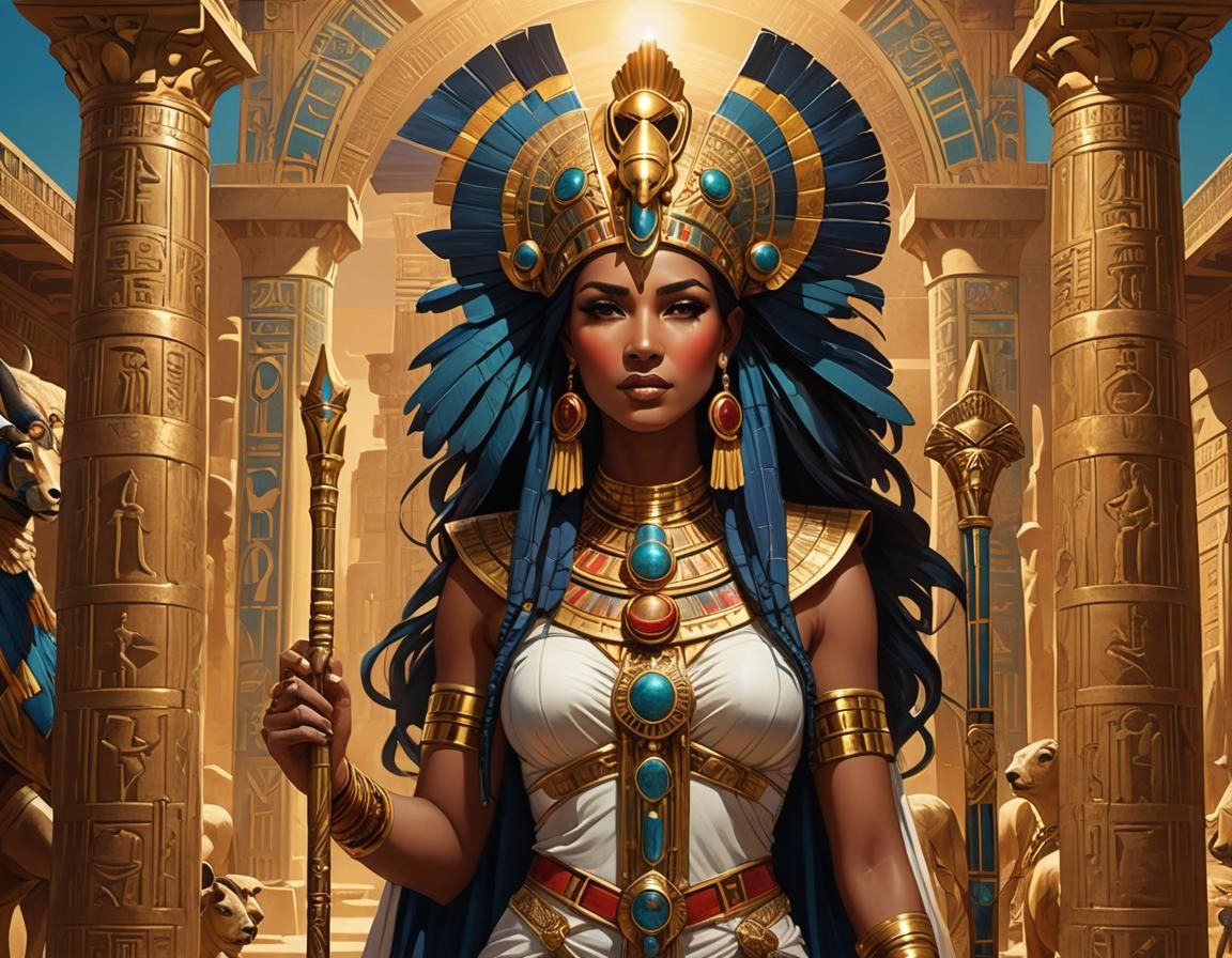Goddess Hathor as an elegant and beautiful woman with a fier...