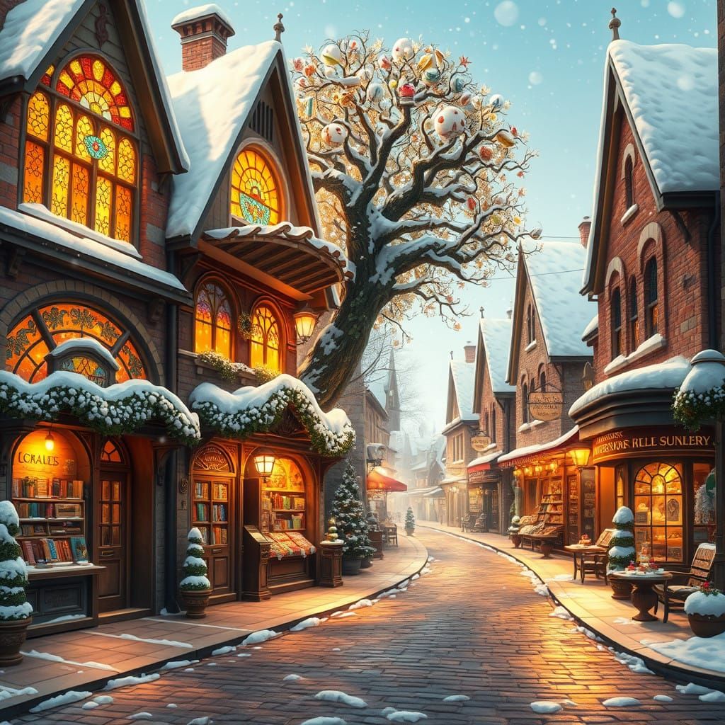 Charming Winter Street Scene in a Whimsical Small Town