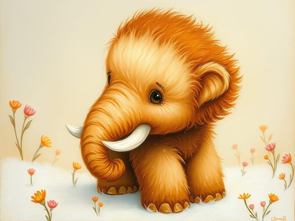 Whimsical Mammoth Cub in Snowy Meadow