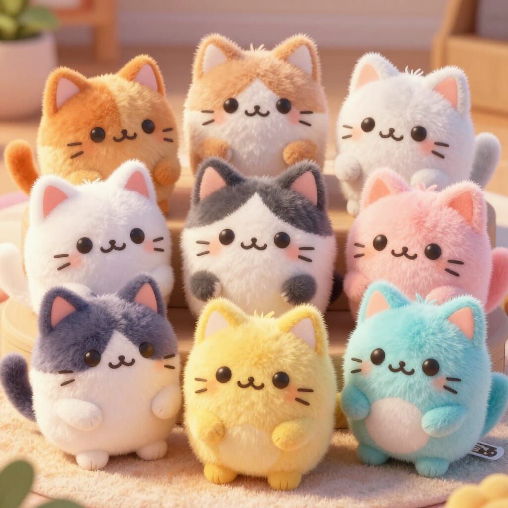 Fluffy Cat Plush Toys in Vibrant Digital Art Style