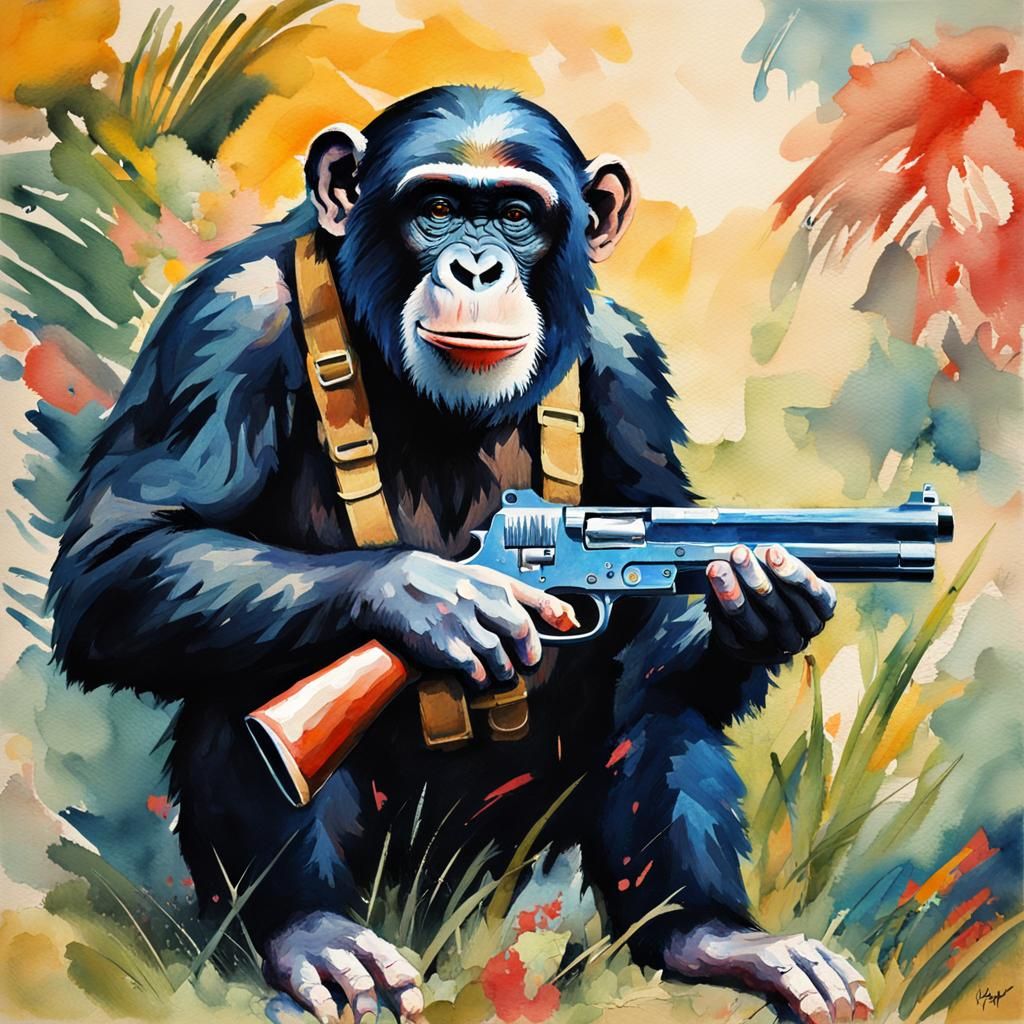 Chimpanzee with Gun in Gouache Impressionist Style