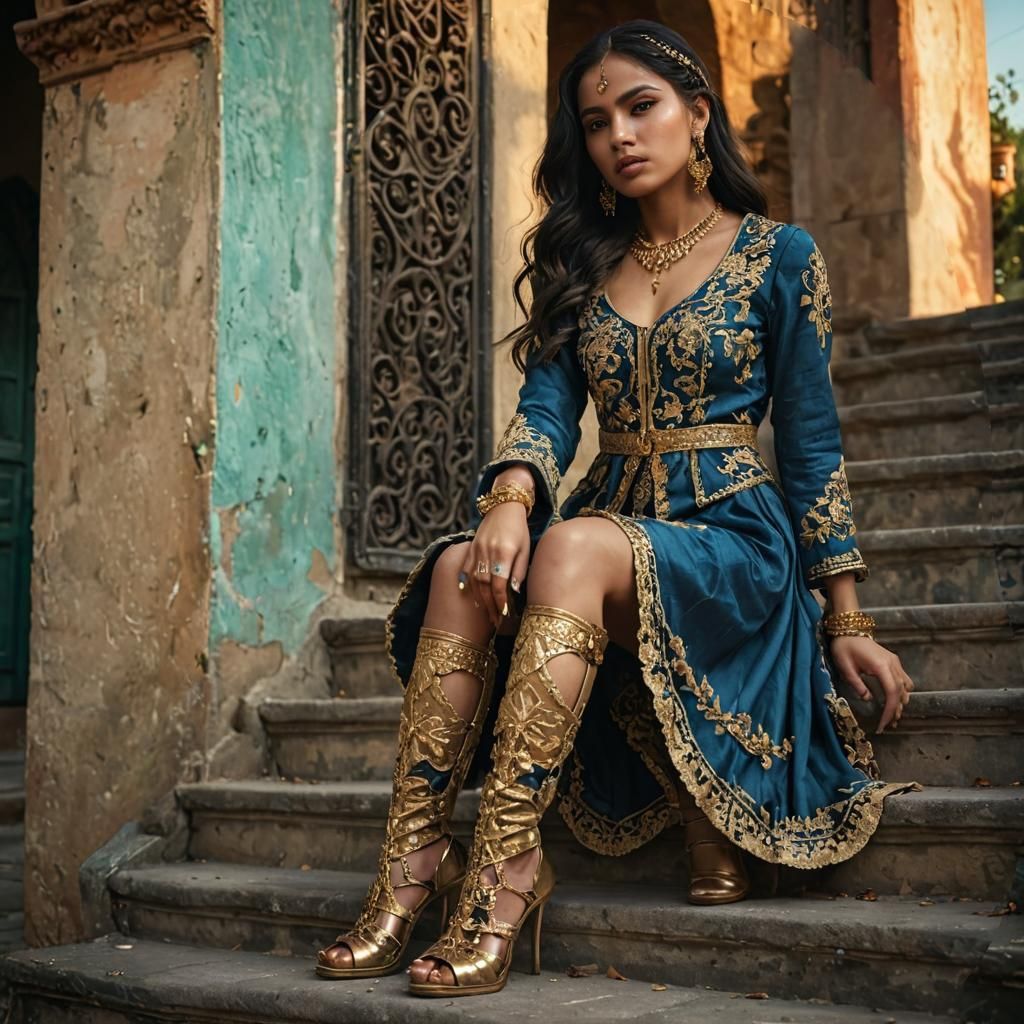 Mexican Woman in Anarkali Suit, Hyperrealistic Art