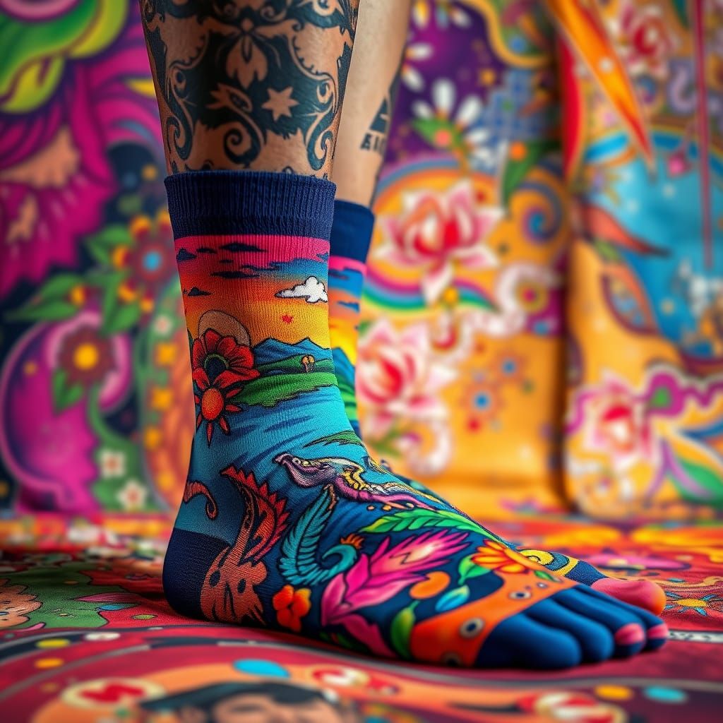 Psychedelic Socks Embroidered on Tattooed Legs in Retro Styl...