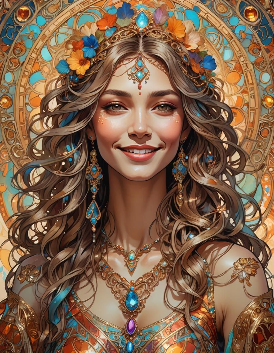 Ornate Portrait of Smiling Woman in Splash Art Style