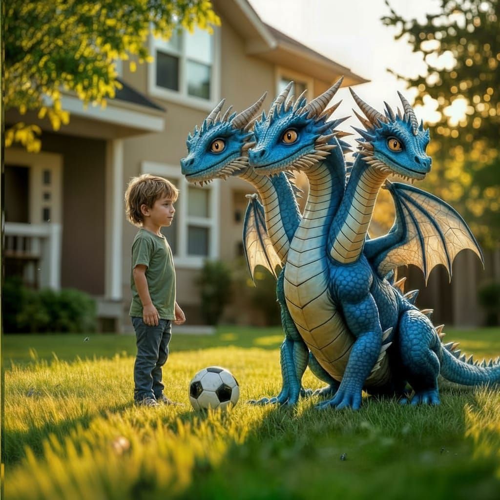 Boy Plays Ball With Three-Headed Dragon Outside Apartment