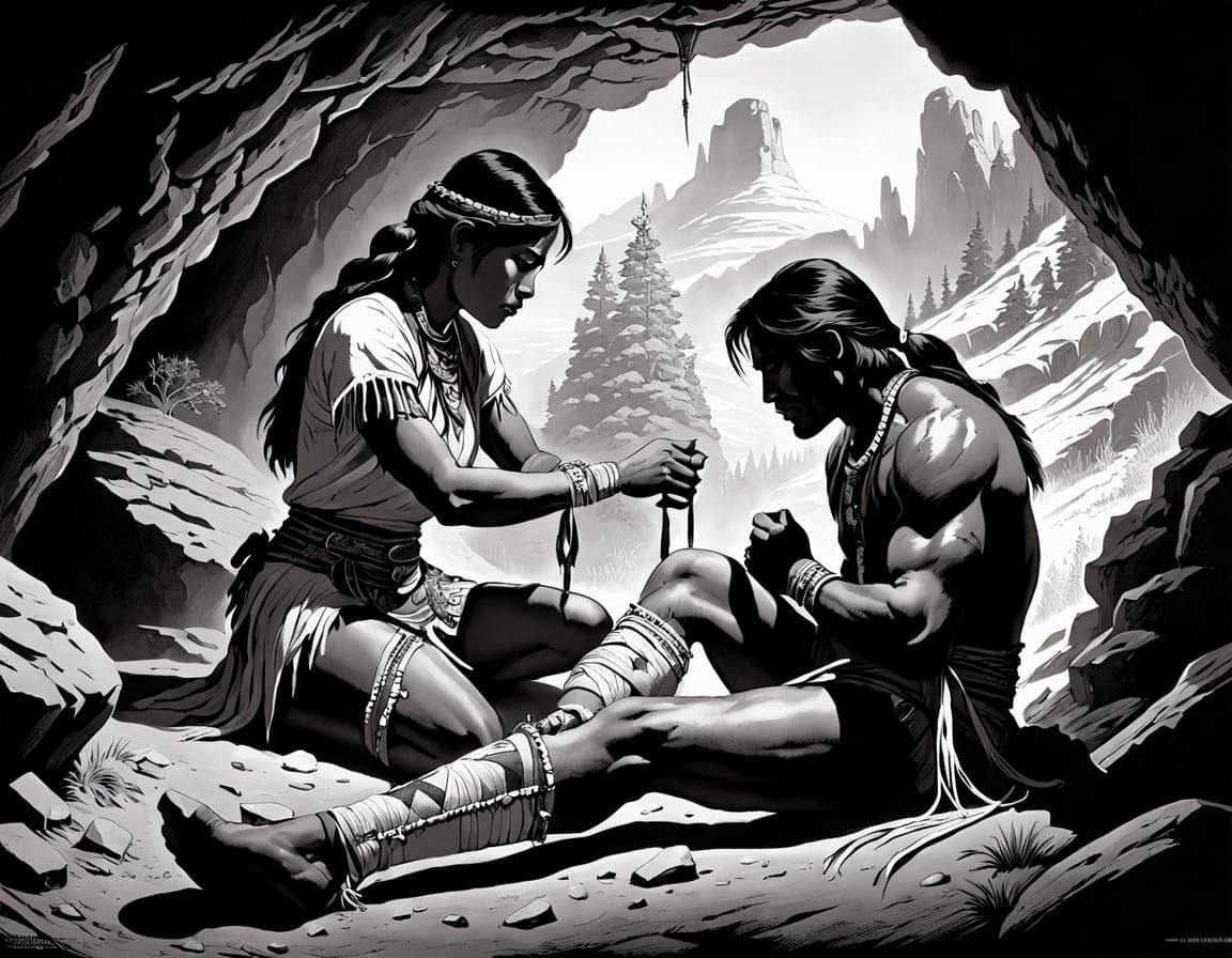 Sioux Woman Tends to Wounded Man in Cave