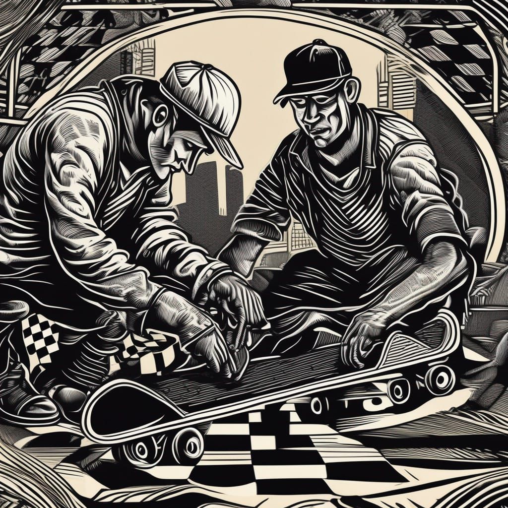 Checkered Skateboarders in Black and White Linocut