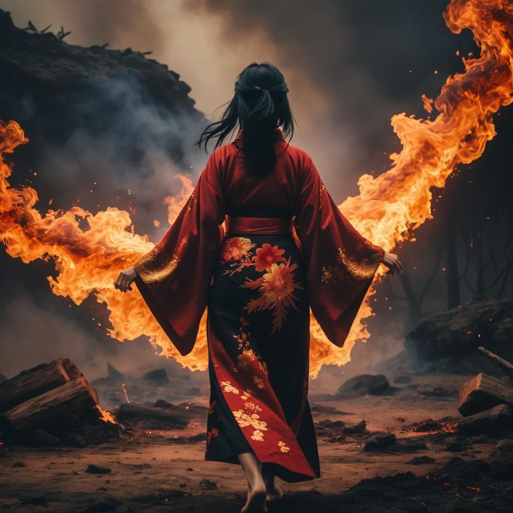 Woman in Fiery Kimono Walks Through Fire