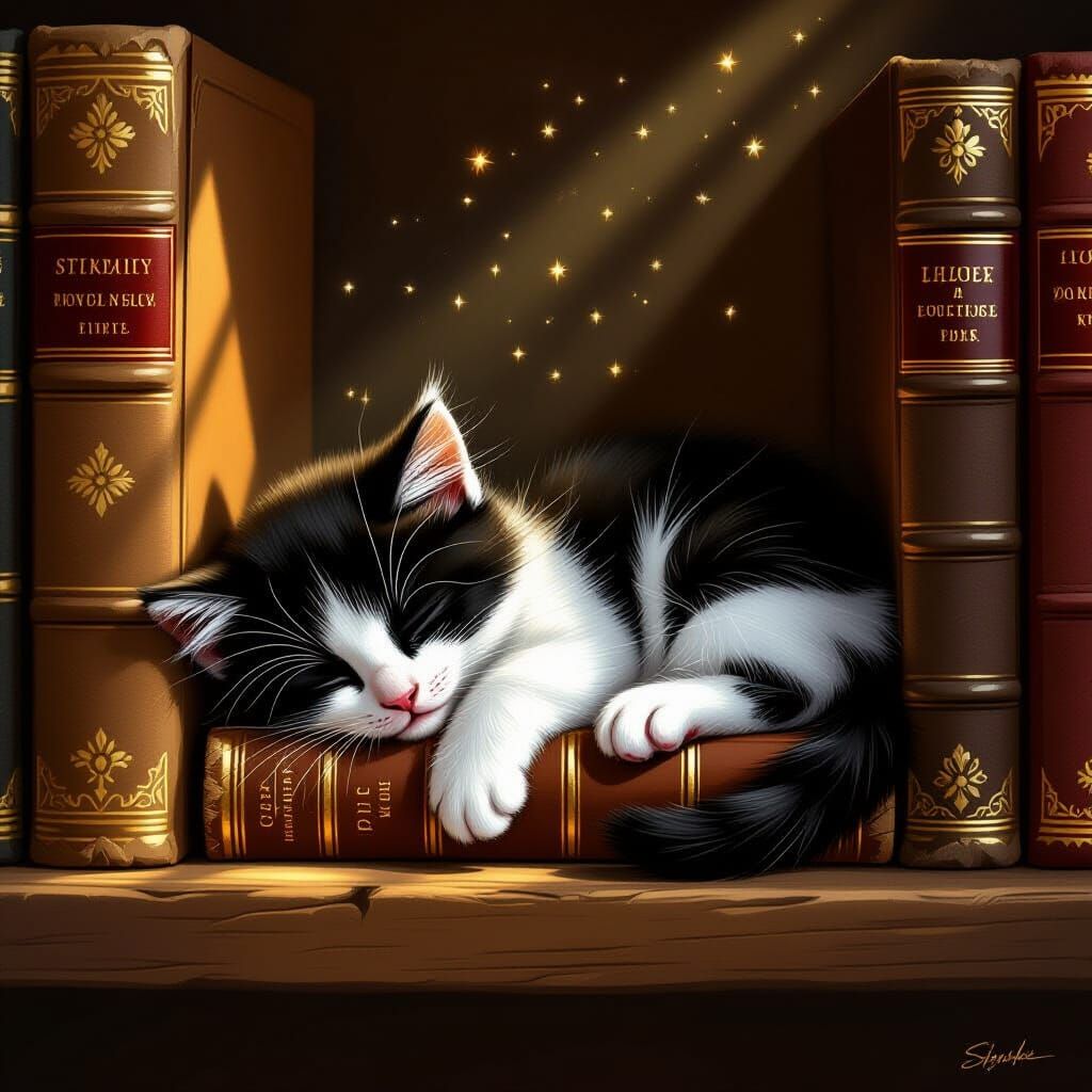 Tuxedo Kitten Asleep in Cozy Book Nook Digital Painting