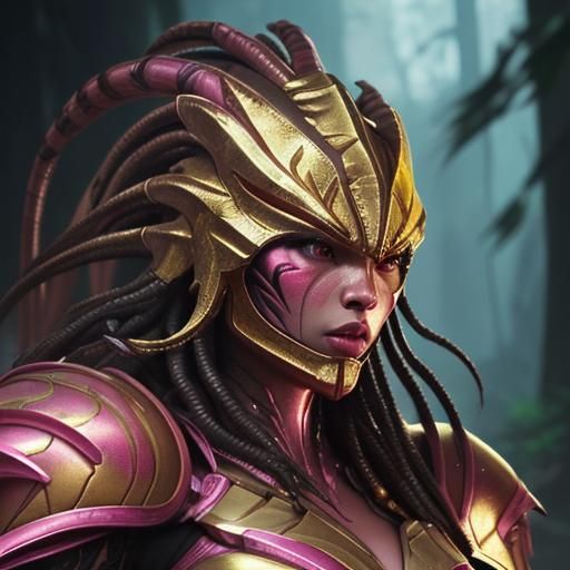 Female Predator in Pink Armor: Hyperrealistic Concept Art