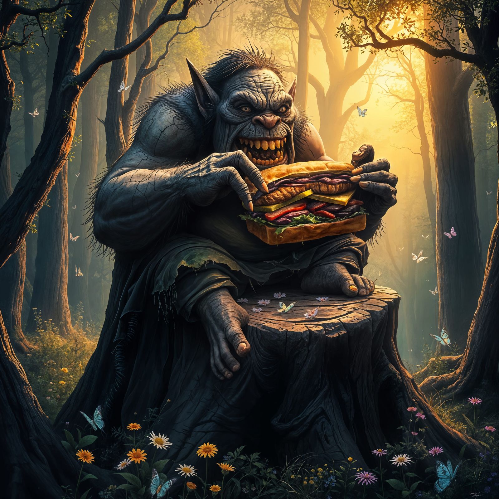 Enchanted Forest Troll Devours Fairies in Dark Fantasy Art