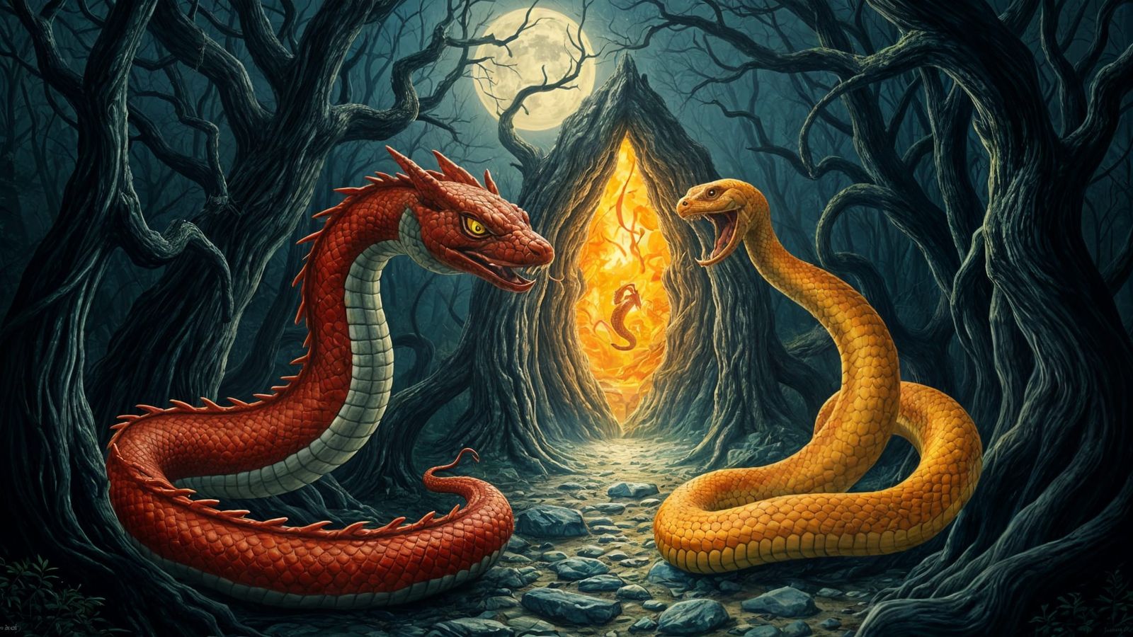 Fantasy Snakes Guard Enchanted Portal in Dark Forest