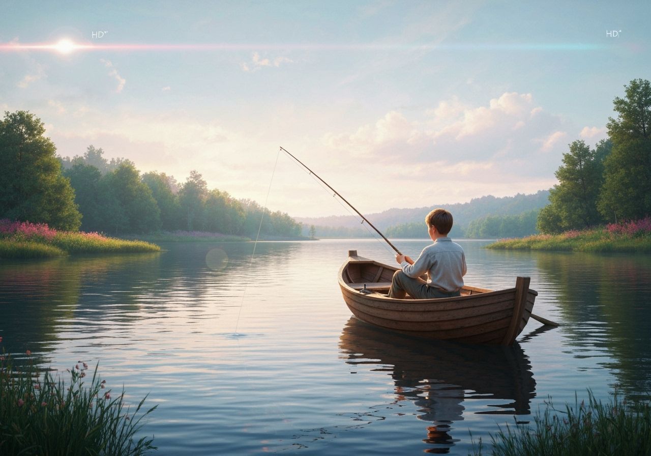 Boy Fishing on Tranquil Lake at Golden Hour