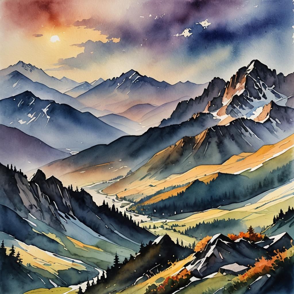 Alpine mountains, watercolor