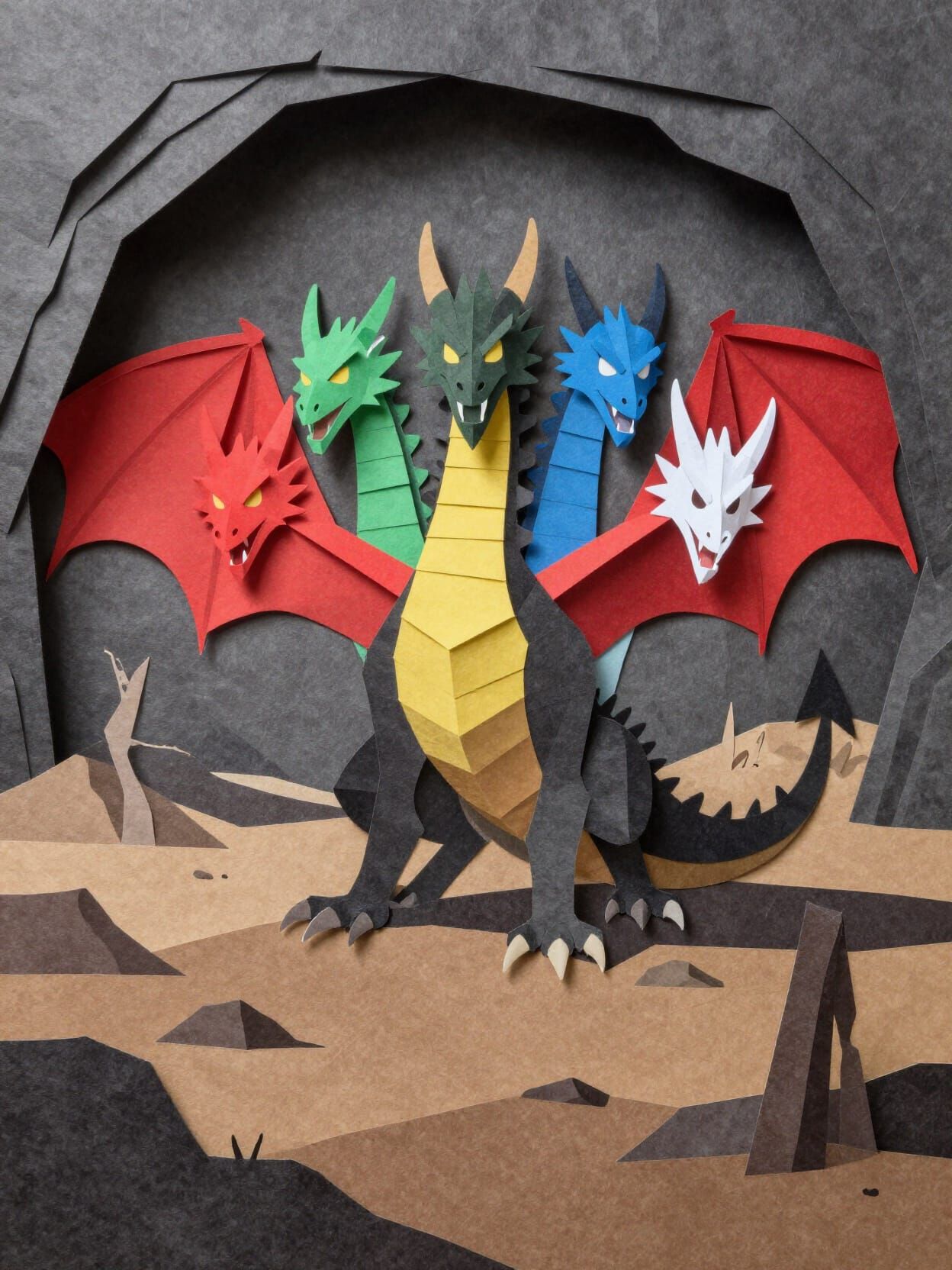 Tiamat: Five-Headed Dragon Collage Emerges from Cave