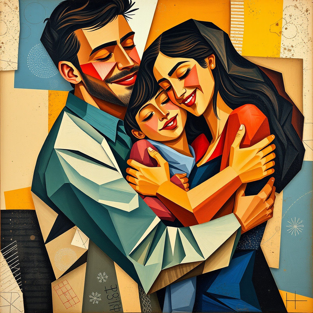 Abstract Cubist Family Embrace in Vibrant Colors