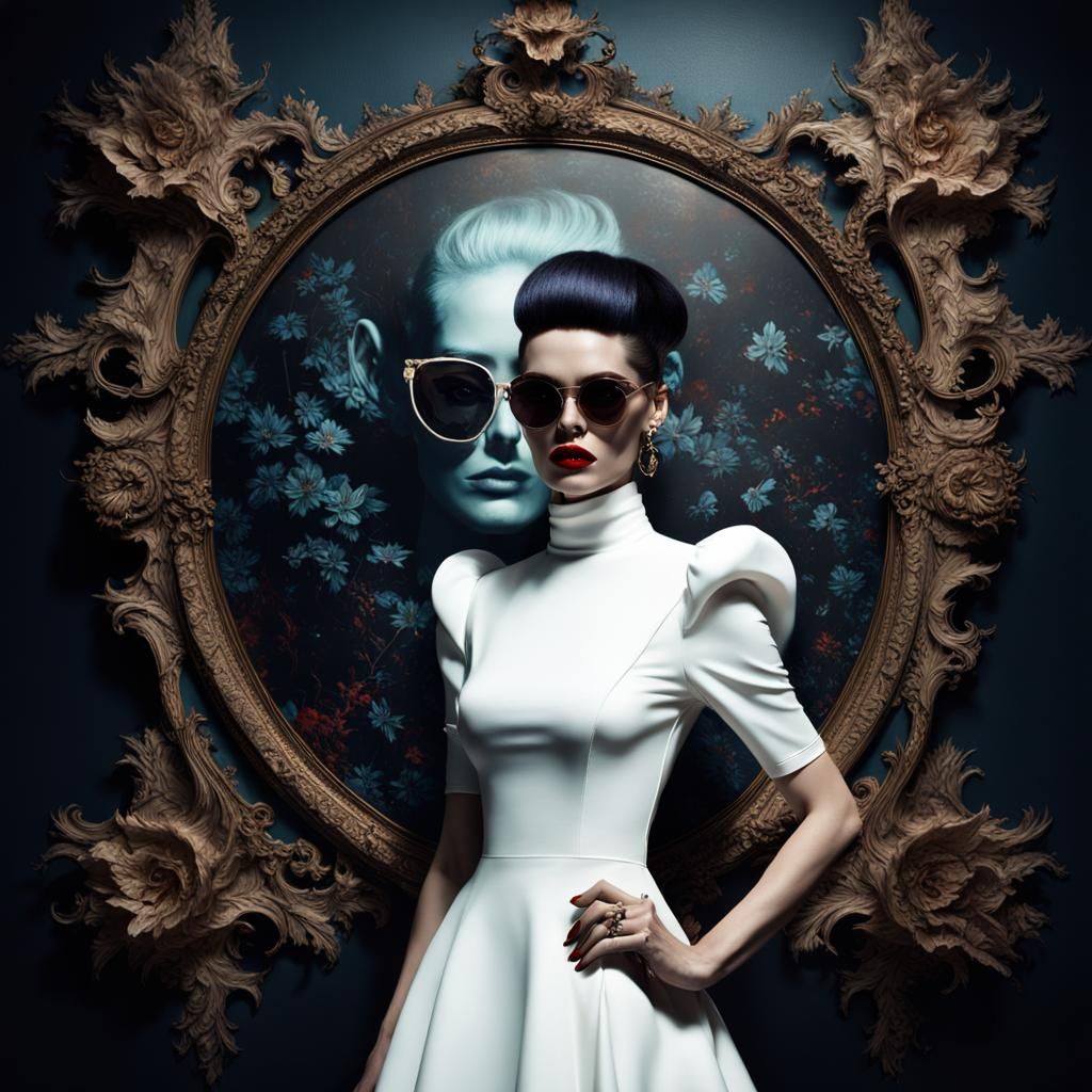 front profile half body Photography, in front of black wall, a punk 80's British model woman with 50's haircut, in a whi...