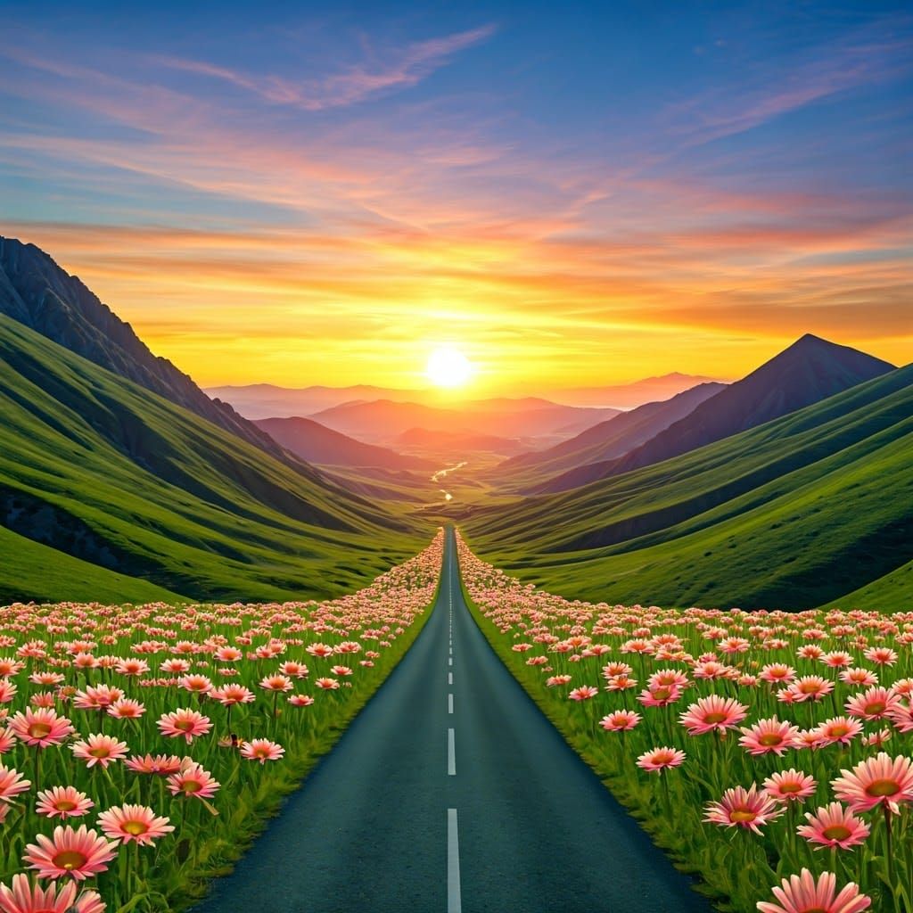 Surreal Landscape with Winding Road and Giant Flowers