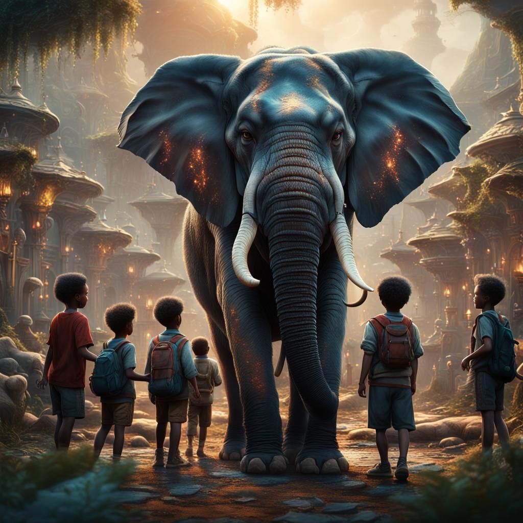 Elephant Surrounded by Children: Fantasy Concept Art