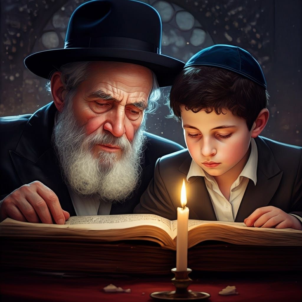 Orthodox Jewish Father and Son Study Torah in Hanukkah Splen...