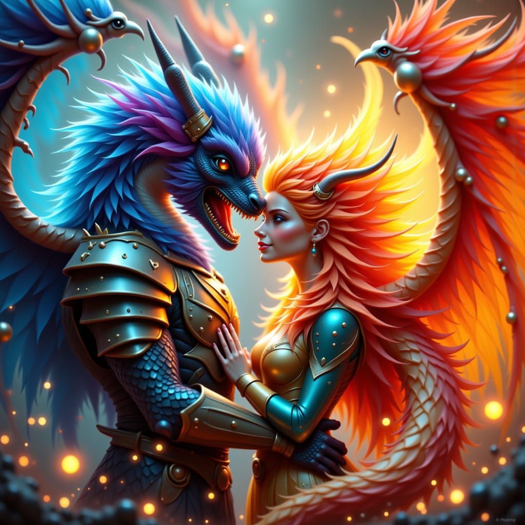 Dragon and Phoenix Humanoids Embrace in Mystical Aura