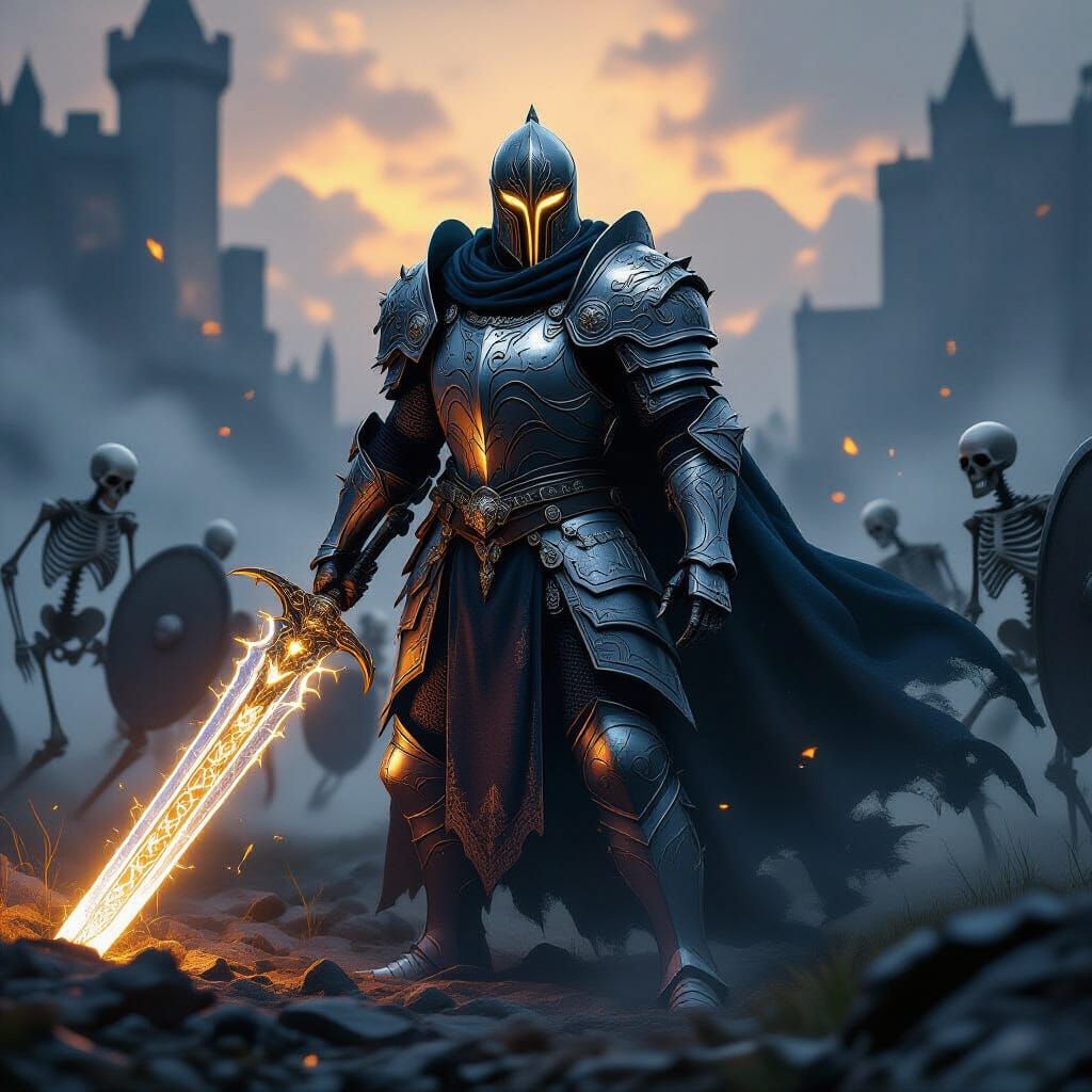 Knight vs Spectral Skeletons, Dark Fantasy Art