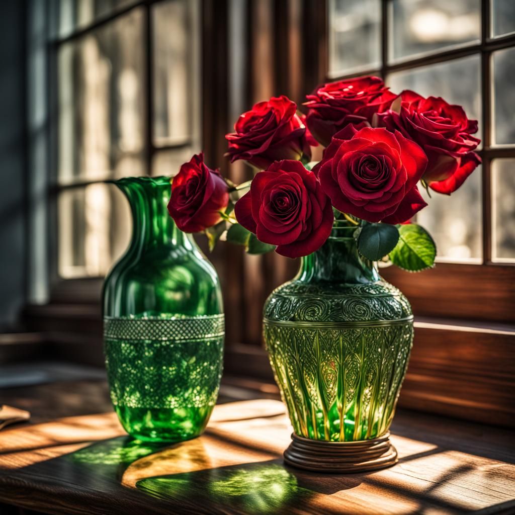 Hyperrealistic Red Rose in Green Vase