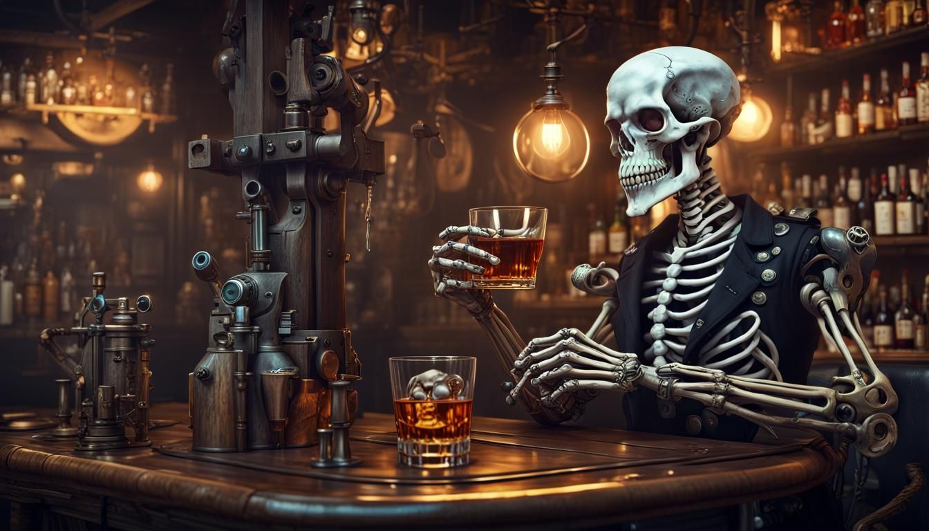 Steampunk Cyborg Skeleton at Bar, Digital Graffiti Art
