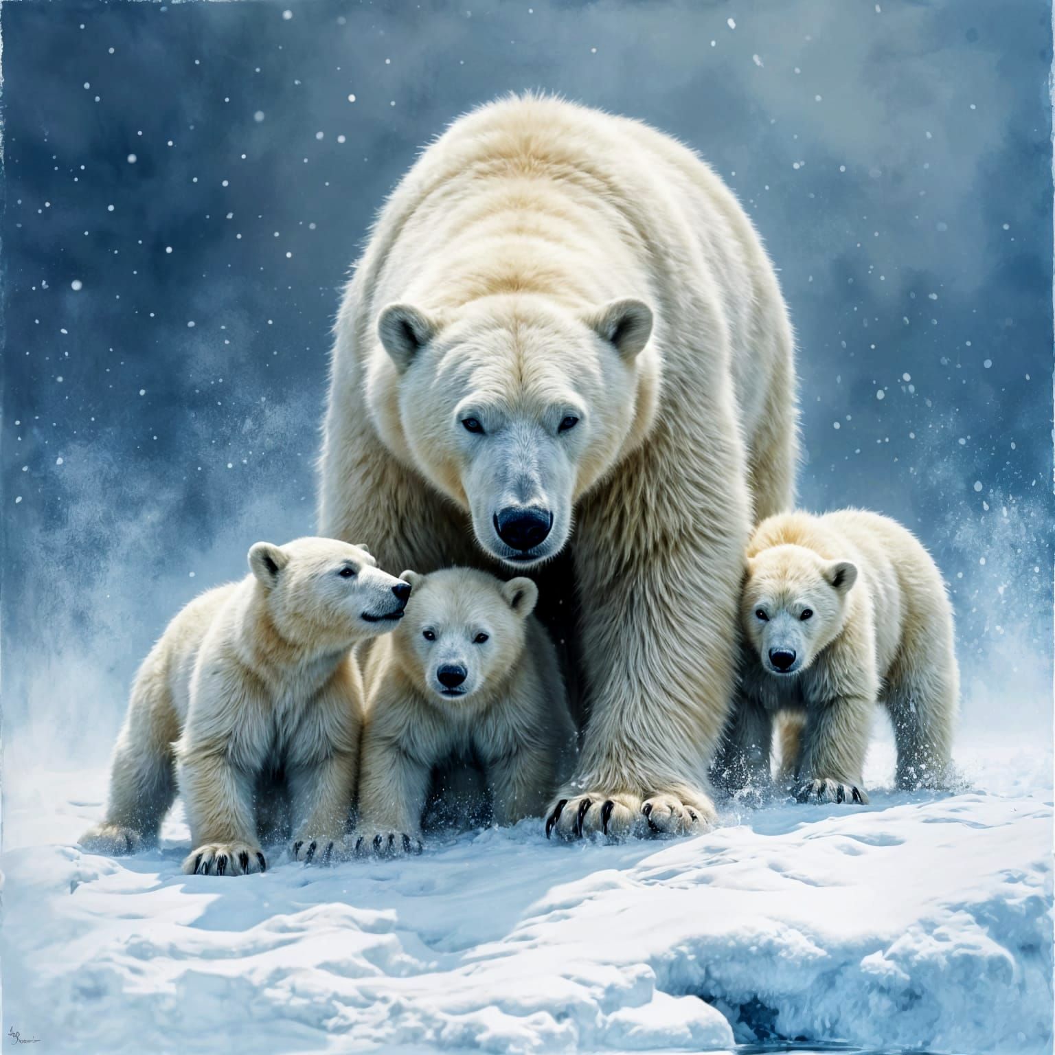 Polar Bear Family in Epic Impressionist Snowstorm Masterpiec...