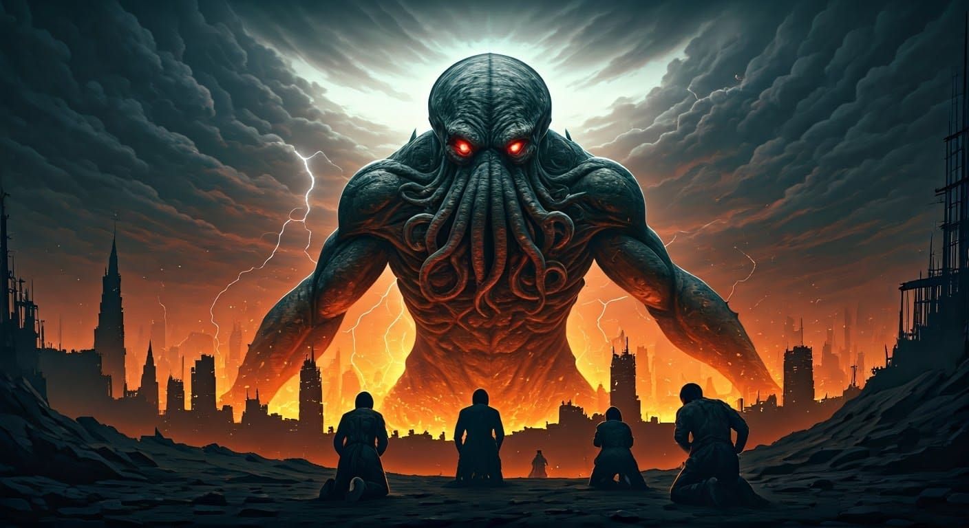 Cthulhu Rises from Smoldering Crater in Digital Art