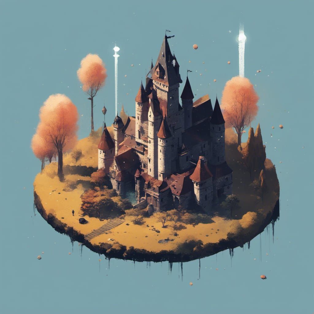 Isometric Gothic Castle with Magic in Minimalist Style