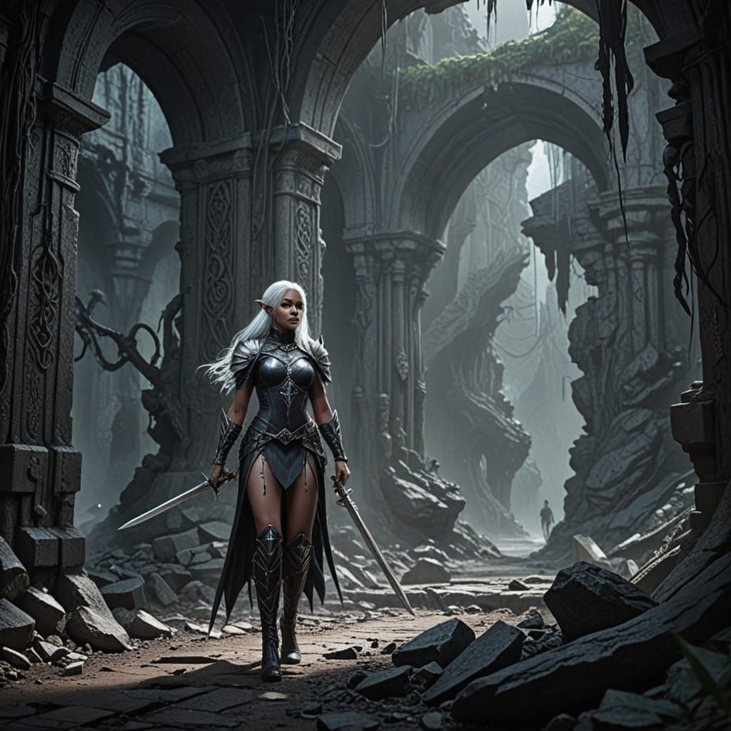 Lost Drow Elf Maiden Wandering Underground Complex
