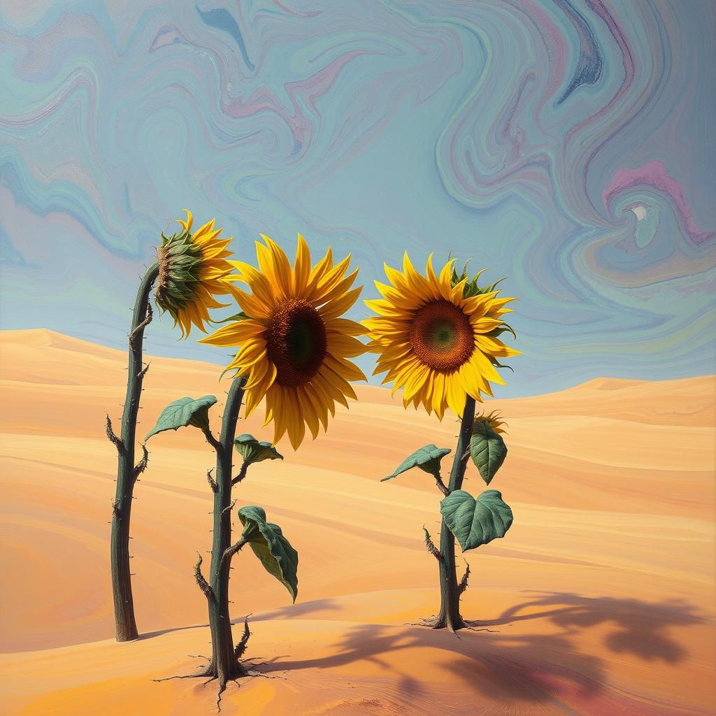 Surreal Desert: Uncanny Sunflowers in a Dreamlike Landscape
