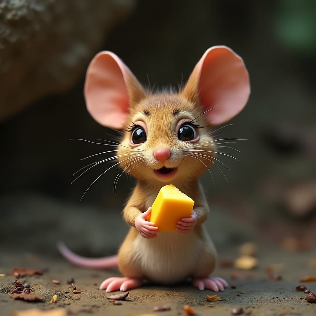 Anthropomorphic Mouse Holding Cheese in Forest Setting