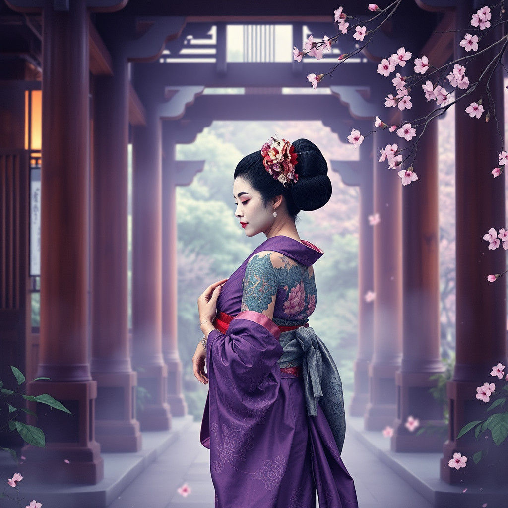 Tattooed Geisha in Purple Kimono: Ukiyo-e Style