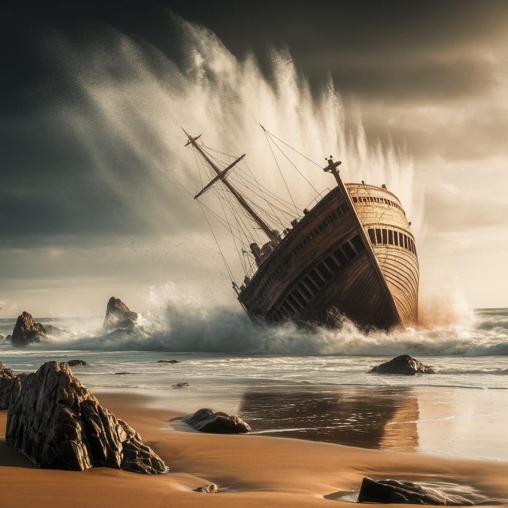 Stormy Beach Scene with Shipwreck in Watercolor