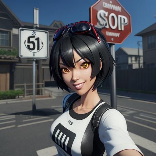 Anime Girl Selfie with Stop Sign, 3D Digital Art