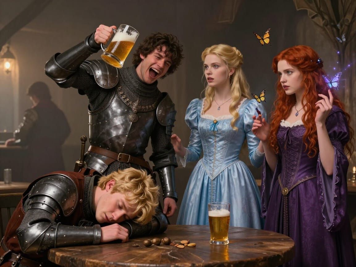 Drunk Prince in Medieval Tavern with Laughing Knight